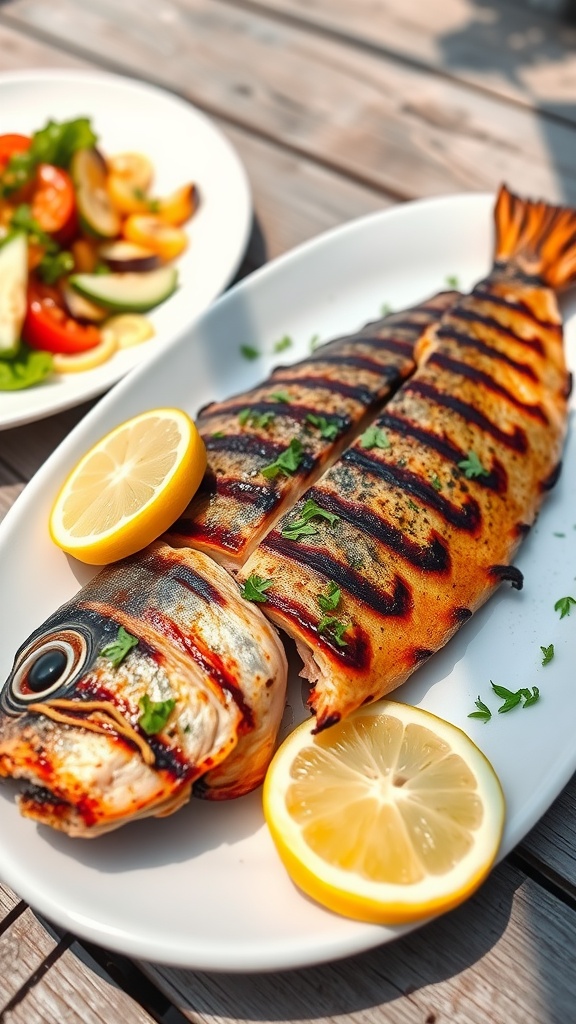 Grilled fish fillet garnished with lemon and herbs on a rustic table, served with vegetables and salad.